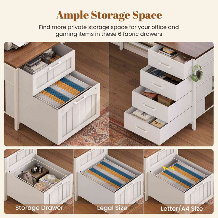 SEDETA 63 Inch Farmhouse L Shaped Office Desk with 6 Drawers Reversible Computer Corner Desk with Power Outlet and Hutch