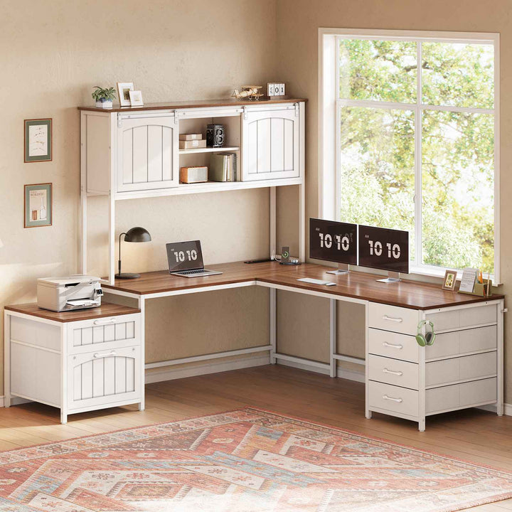 SEDETA 63 Inch Farmhouse L Shaped Office Desk with 6 Drawers Reversible Computer Corner Desk with Power Outlet and Hutch