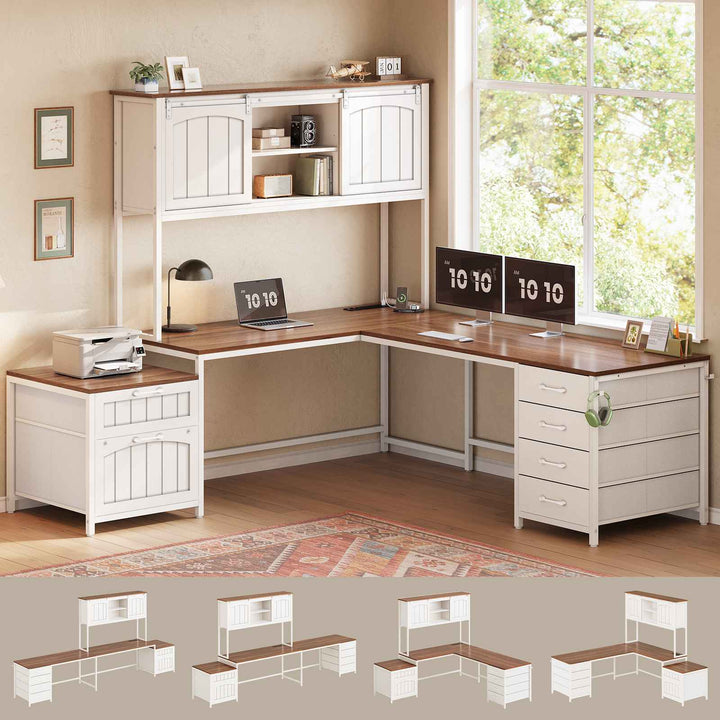 SEDETA 63 Inch Farmhouse L Shaped Office Desk with 6 Drawers Reversible Computer Corner Desk with Power Outlet and Hutch