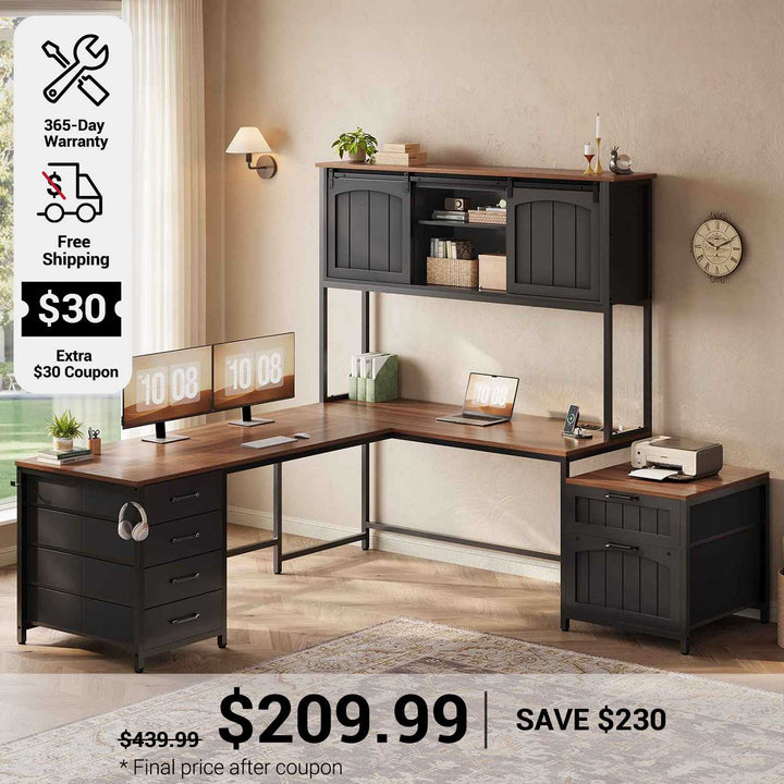 SEDETA 63 Inch Farmhouse L Shaped Office Desk with 6 Drawers Reversible Computer Corner Desk with Power Outlet and Hutch