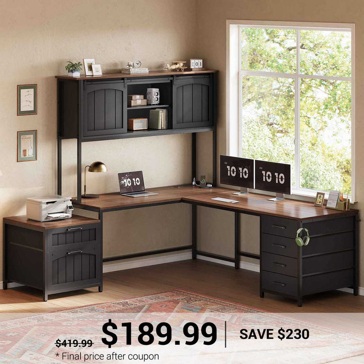 SEDETA® 63 Inch Reversible Computer Desk with 6 Drawers Farmhouse L Shaped Office Desk with Power Outlet and Hutch