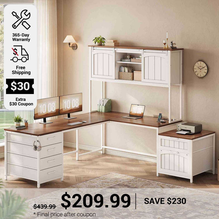 SEDETA 63 Inch Farmhouse L Shaped Office Desk with 6 Drawers Reversible Computer Corner Desk with Power Outlet and Hutch