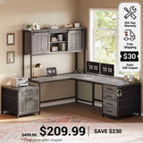 SEDETA 63 Inch Farmhouse L Shaped Office Desk with 6 Drawers Reversible Computer Corner Desk with Power Outlet and Hutch