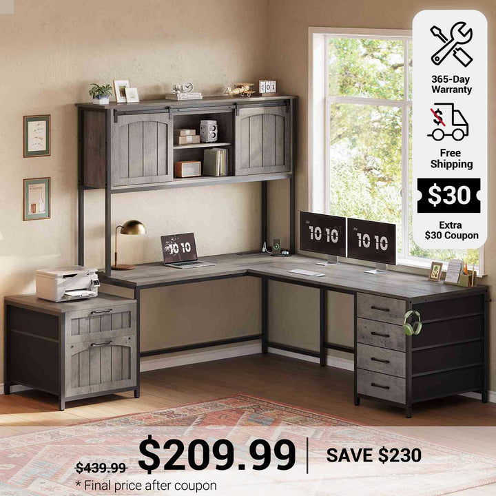 SEDETA 63 Inch Farmhouse L Shaped Office Desk with 6 Drawers Reversible Computer Corner Desk with Power Outlet and Hutch