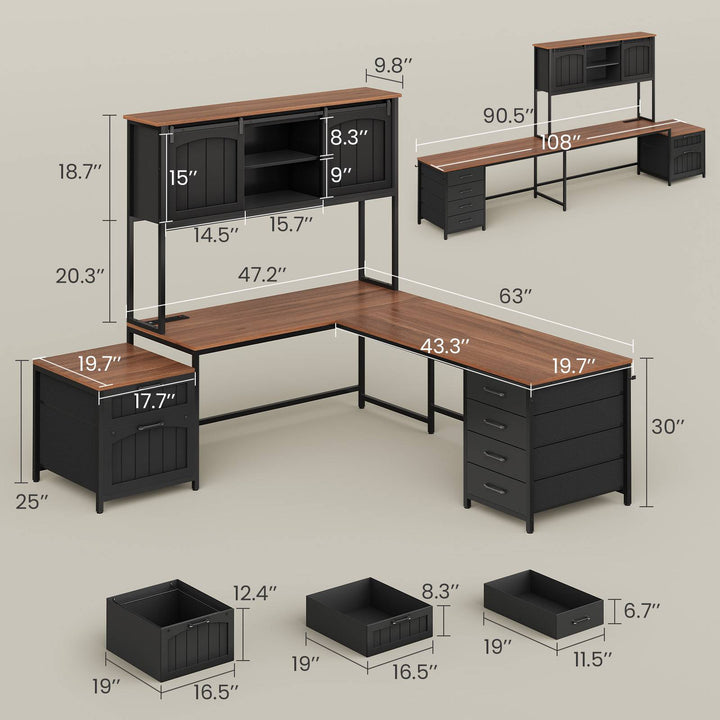 SEDETA 63 Inch Farmhouse L Shaped Office Desk with 6 Drawers Reversible Computer Corner Desk with Power Outlet and Hutch