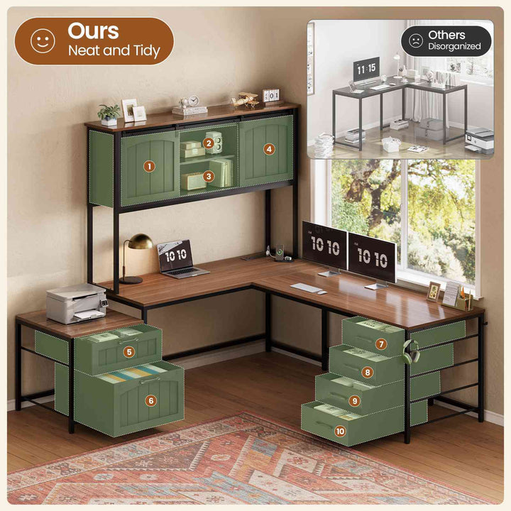SEDETA 63 Inch Farmhouse L Shaped Office Desk with 6 Drawers Reversible Computer Corner Desk with Power Outlet and Hutch