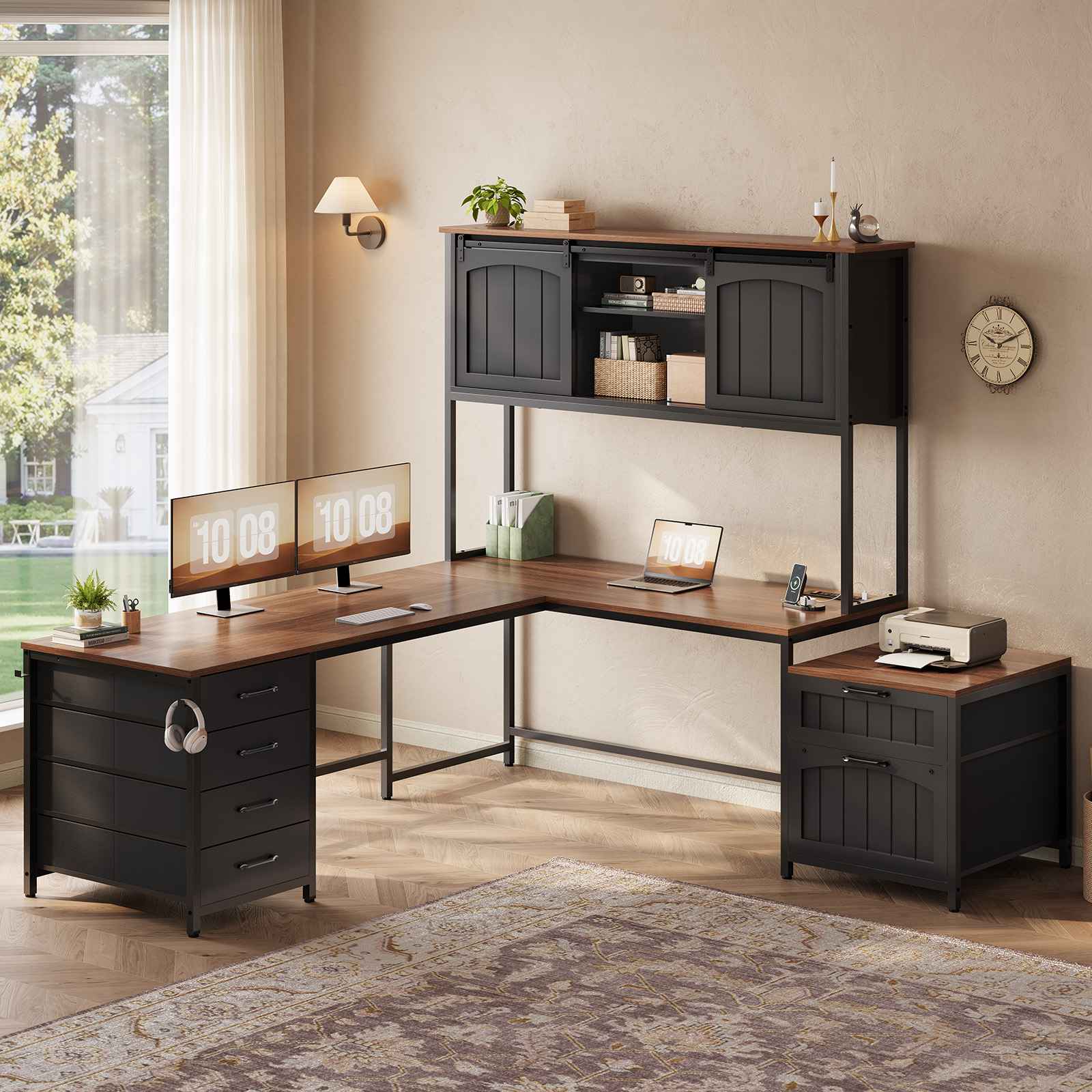 SEDETA 63 Inch Farmhouse L Shaped Office Desk with 6 Drawers Reversibl