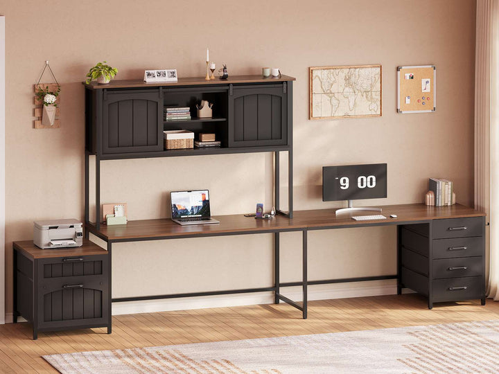 SEDETA 63 Inch Farmhouse L Shaped Office Desk with 6 Drawers Reversible Computer Corner Desk with Power Outlet and Hutch