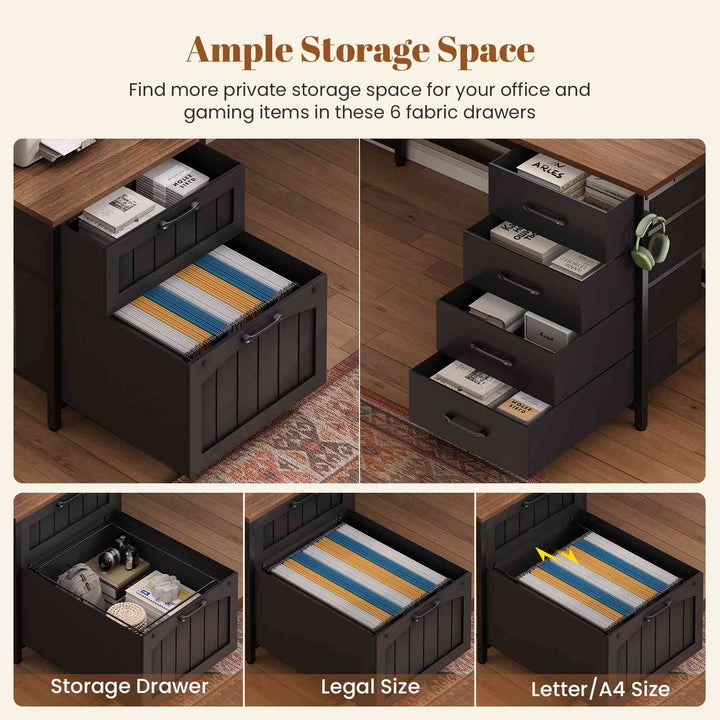 SEDETA 63 Inch Farmhouse L Shaped Office Desk with 6 Drawers Reversible Computer Corner Desk with Power Outlet and Hutch