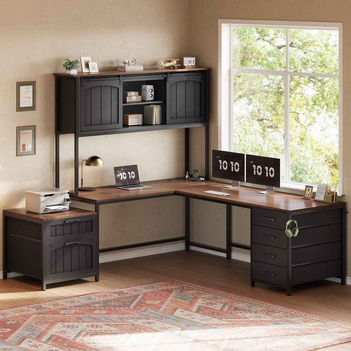SEDETA 63 Inch Farmhouse L Shaped Office Desk with 6 Drawers Reversible Computer Corner Desk with Power Outlet and Hutch