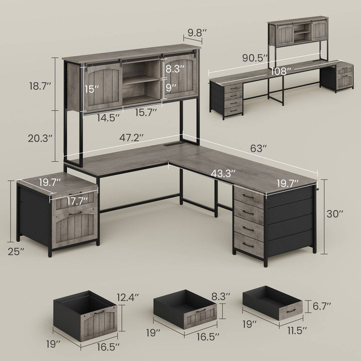 SEDETA 63 Inch Farmhouse L Shaped Office Desk with 6 Drawers Reversible Computer Corner Desk with Power Outlet and Hutch