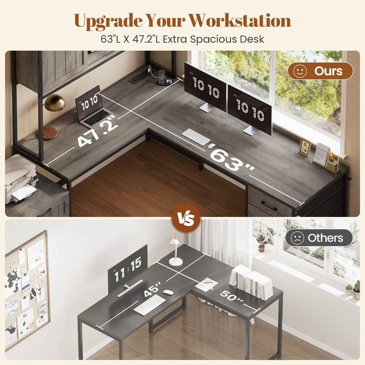 SEDETA 63 Inch Farmhouse L Shaped Office Desk with 6 Drawers Reversible Computer Corner Desk with Power Outlet and Hutch