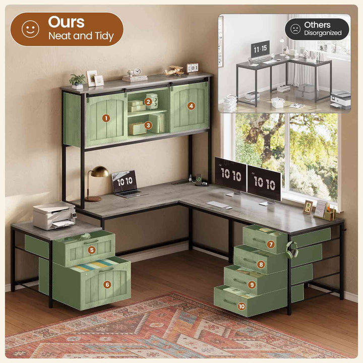 SEDETA 63 Inch Farmhouse L Shaped Office Desk with 6 Drawers Reversible Computer Corner Desk with Power Outlet and Hutch