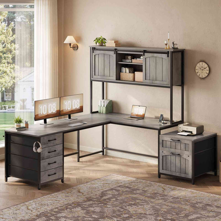 SEDETA 63 Inch Farmhouse L Shaped Office Desk with 6 Drawers Reversible Computer Corner Desk with Power Outlet and Hutch