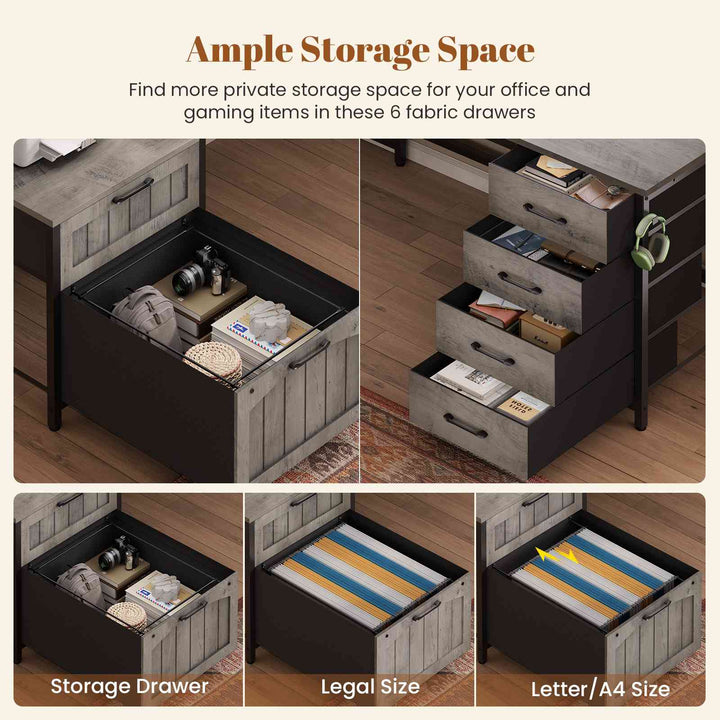 SEDETA 63 Inch Farmhouse L Shaped Office Desk with 6 Drawers Reversible Computer Corner Desk with Power Outlet and Hutch