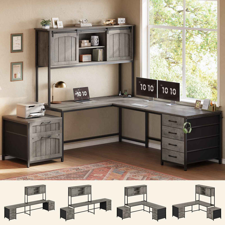 SEDETA 63 Inch Farmhouse L Shaped Office Desk with 6 Drawers Reversible Computer Corner Desk with Power Outlet and Hutch