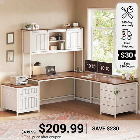 SEDETA 63 Inch Farmhouse L Shaped Office Desk with 6 Drawers Reversible Computer Corner Desk with Power Outlet and Hutch