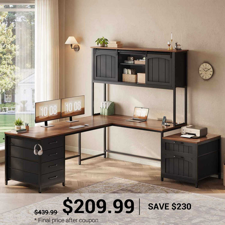 SEDETA 63 Inch Farmhouse L Shaped Office Desk with 6 Drawers Reversible Computer Corner Desk with Power Outlet and Hutch