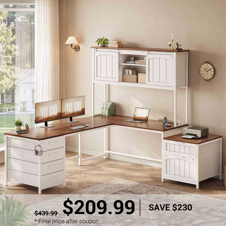 SEDETA 63 Inch Farmhouse L Shaped Office Desk with 6 Drawers Reversible Computer Corner Desk with Power Outlet and Hutch