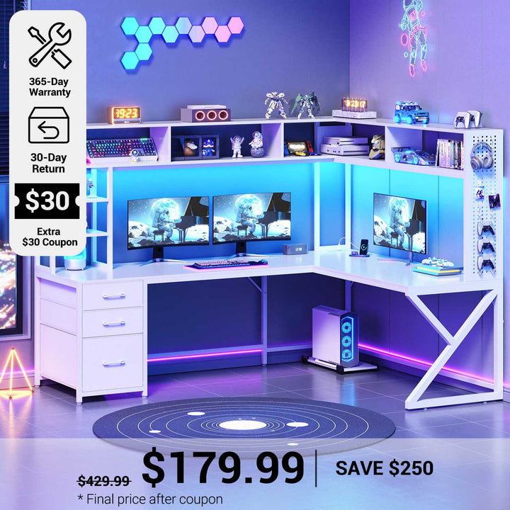 SEDETA® 94.5 Inch Convertible Computer Desk L Shaped Gaming Desk with Drawers Storage Shelves Power Outlet and LED Lights