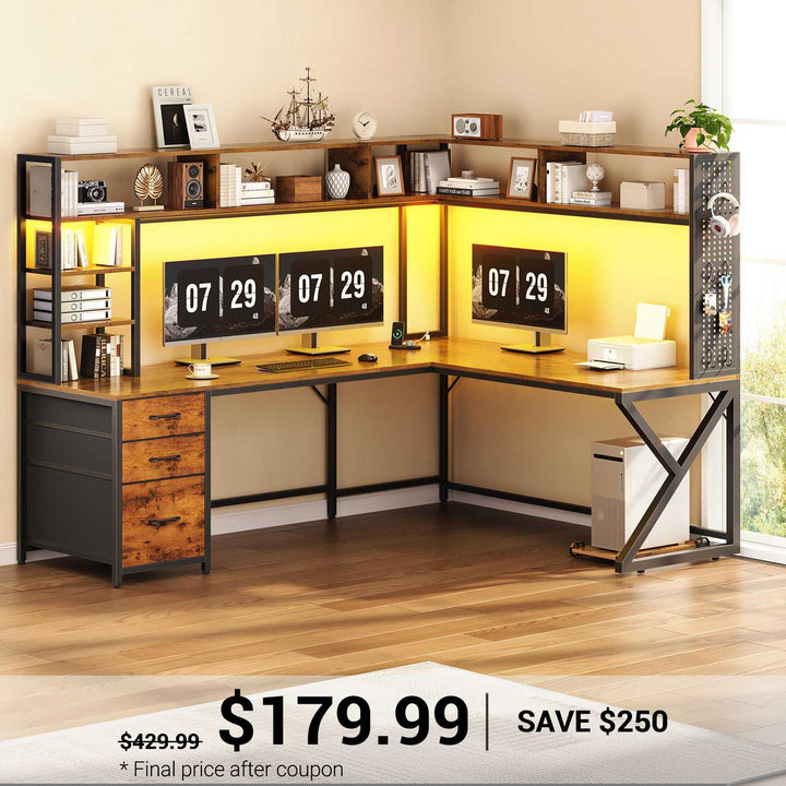 SEDETA® 94.5 Inch Convertible Computer Desk L Shaped Gaming Desk with Drawers Storage Shelves Power Outlet and LED Lights