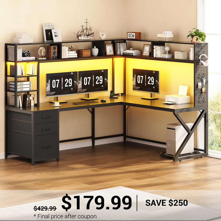 SEDETA® 94.5 Inch Convertible Computer Desk L Shaped Gaming Desk with Drawers Storage Shelves Power Outlet and LED Lights