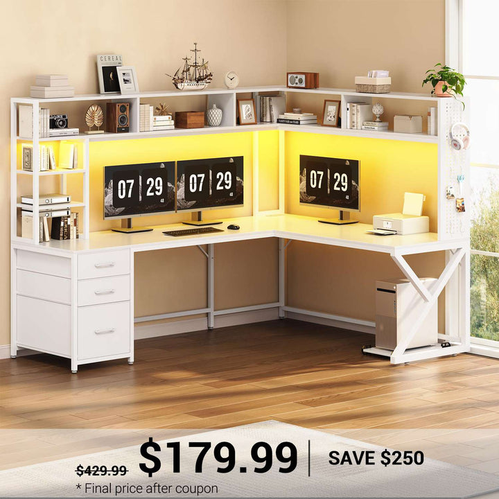 SEDETA® 94.5 Inch Convertible Computer Desk L Shaped Gaming Desk with Drawers Storage Shelves Power Outlet and LED Lights