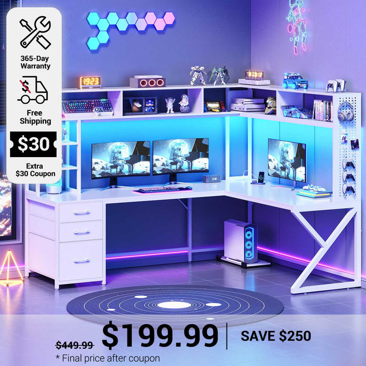 SEDETA 94.5 Inch Convertible Gaming Desk with Storage Shelves and Hutch Computer Desk with Drawers Power Outlet and LED Lights