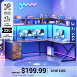 SEDETA 94.5 Inch Convertible Gaming Desk with Storage Shelves and Hutch Computer Desk with Drawers Power Outlet and LED Lights