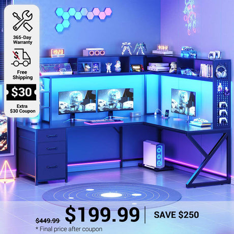 SEDETA 94.5 Inch Convertible Gaming Desk with Storage Shelves and Hutch Computer Desk with Drawers Power Outlet and LED Lights