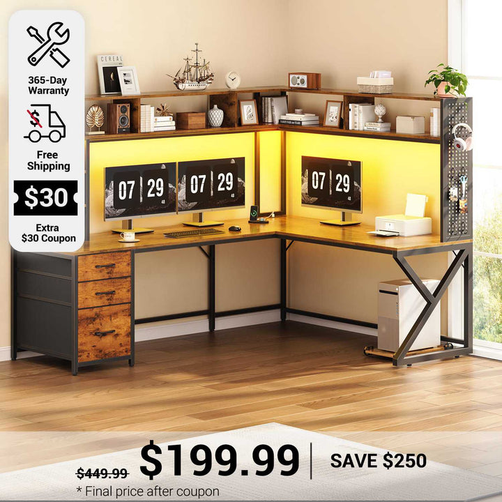 SEDETA 94.5 Inch Convertible Gaming Desk with Storage Shelves and Hutch Computer Desk with Drawers Power Outlet and LED Lights