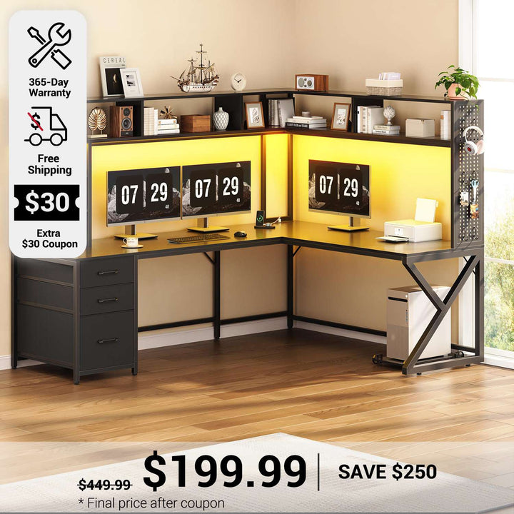 SEDETA 94.5 Inch Convertible Gaming Desk with Storage Shelves and Hutch Computer Desk with Drawers Power Outlet and LED Lights