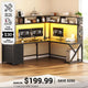 SEDETA 94.5 Inch Convertible Gaming Desk with Storage Shelves and Hutch Computer Desk with Drawers Power Outlet and LED Lights