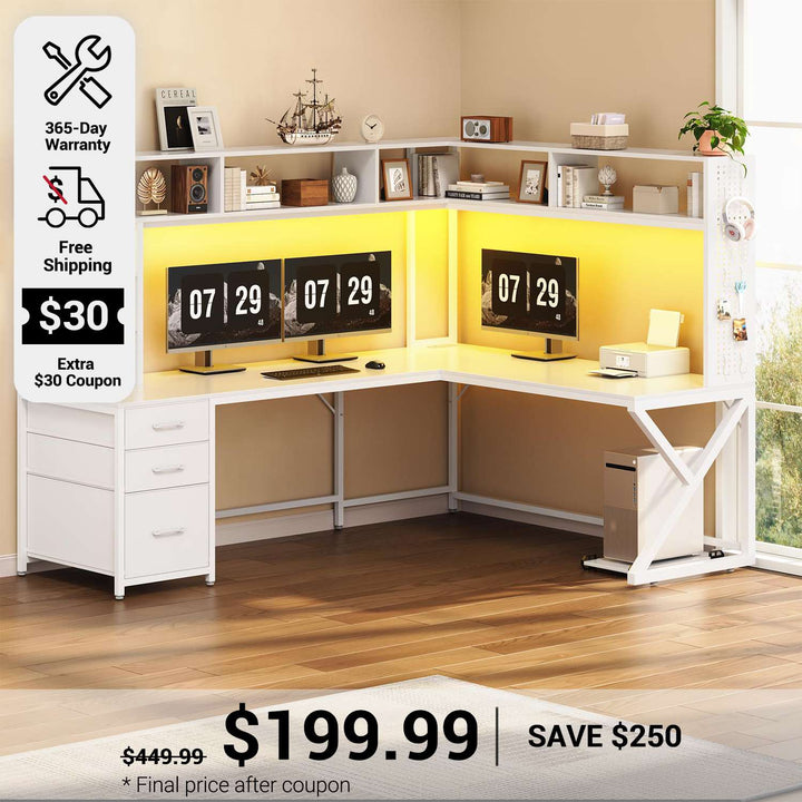 SEDETA 94.5 Inch Convertible Gaming Desk with Storage Shelves and Hutch Computer Desk with Drawers Power Outlet and LED Lights