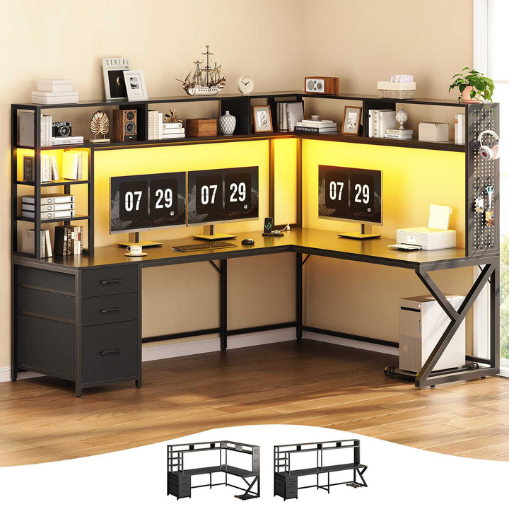 SEDETA 94.5 Inch Convertible Gaming Desk with Storage Shelves and Hutch Computer Desk with Drawers Power Outlet and LED Lights