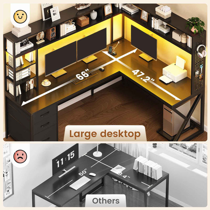 SEDETA 94.5 Inch Convertible Gaming Desk with Storage Shelves and Hutch Computer Desk with Drawers Power Outlet and LED Lights