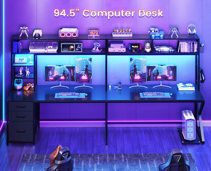 SEDETA 94.5 Inch Convertible Gaming Desk with Storage Shelves and Hutch Computer Desk with Drawers Power Outlet and LED Lights