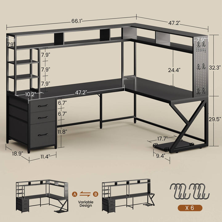 SEDETA 94.5 Inch Convertible Gaming Desk with Storage Shelves and Hutch Computer Desk with Drawers Power Outlet and LED Lights