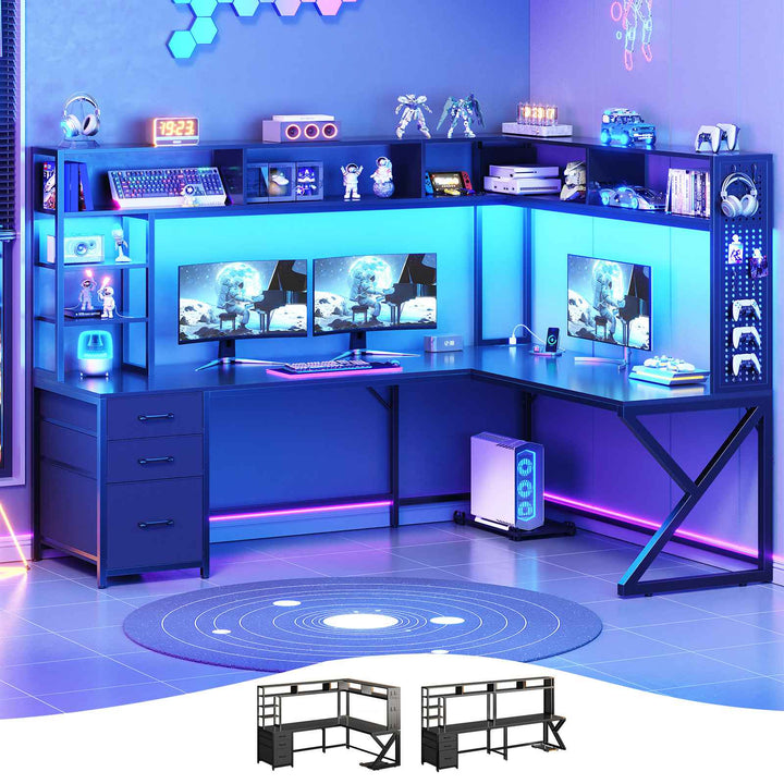 SEDETA 94.5 Inch Convertible Gaming Desk with Storage Shelves and Hutch Computer Desk with Drawers Power Outlet and LED Lights