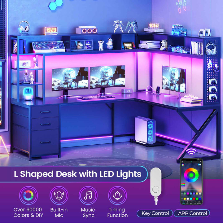 SEDETA 94.5 Inch Convertible Gaming Desk with Storage Shelves and Hutch Computer Desk with Drawers Power Outlet and LED Lights