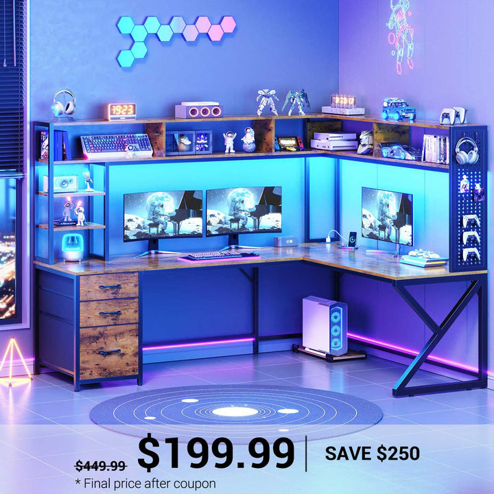 SEDETA 94.5 Inch Convertible Gaming Desk with Storage Shelves and Hutch Computer Desk with Drawers Power Outlet and LED Lights