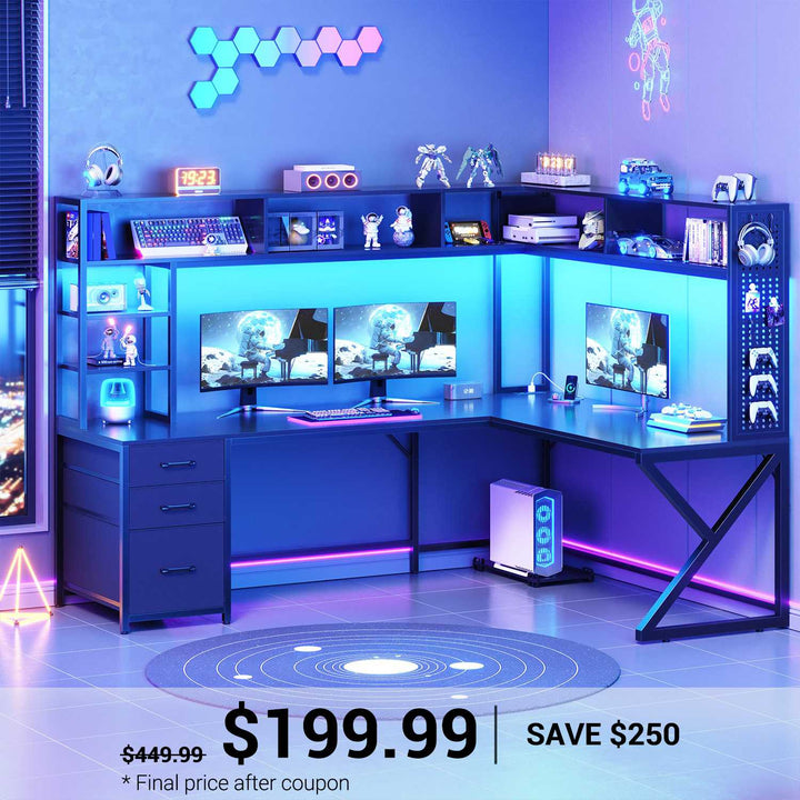 SEDETA 94.5 Inch Convertible Gaming Desk with Storage Shelves and Hutch Computer Desk with Drawers Power Outlet and LED Lights