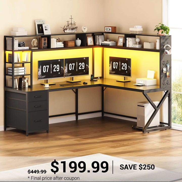 SEDETA 94.5 Inch Convertible Gaming Desk with Storage Shelves and Hutch Computer Desk with Drawers Power Outlet and LED Lights