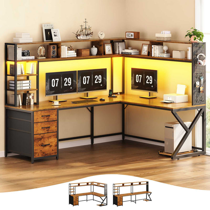 SEDETA 94.5 Inch Convertible Gaming Desk with Storage Shelves and Hutch Computer Desk with Drawers Power Outlet and LED Lights