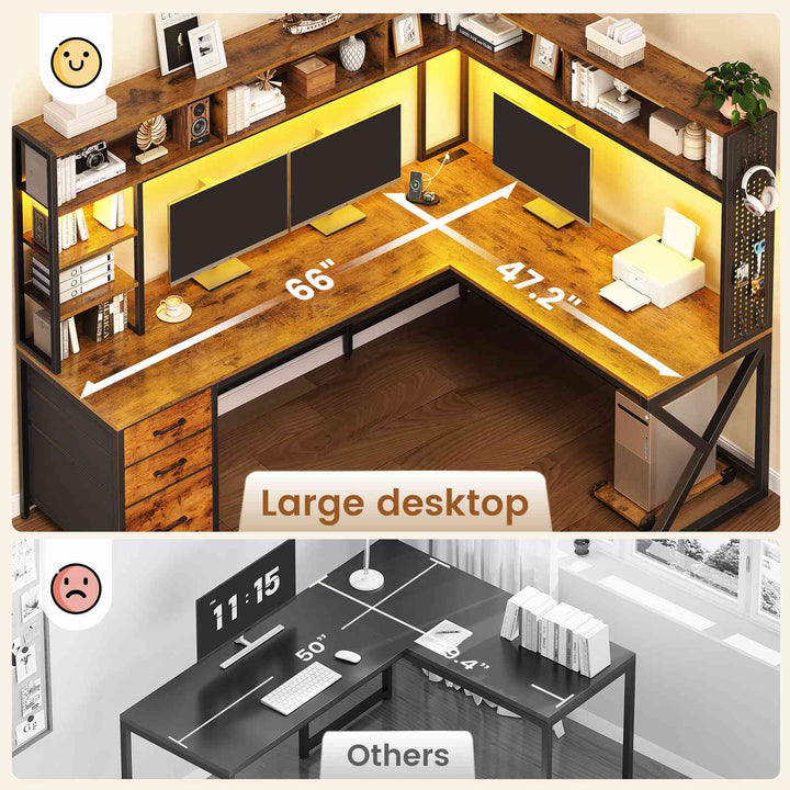 SEDETA 94.5 Inch Convertible Gaming Desk with Storage Shelves and Hutch Computer Desk with Drawers Power Outlet and LED Lights