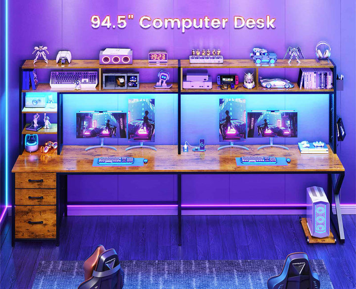 SEDETA 94.5 Inch Convertible Gaming Desk with Storage Shelves and Hutch Computer Desk with Drawers Power Outlet and LED Lights