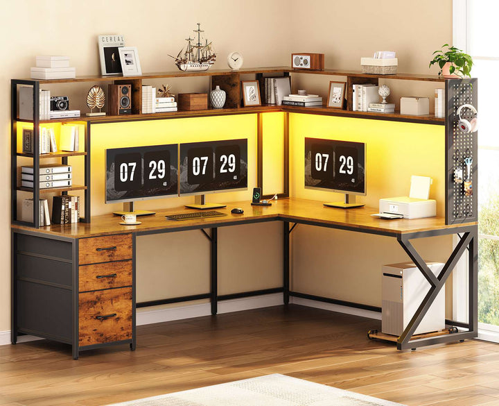 SEDETA 94.5 Inch Convertible Gaming Desk with Storage Shelves and Hutch Computer Desk with Drawers Power Outlet and LED Lights