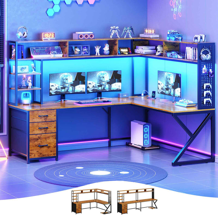SEDETA 94.5 Inch Convertible Gaming Desk with Storage Shelves and Hutch Computer Desk with Drawers Power Outlet and LED Lights