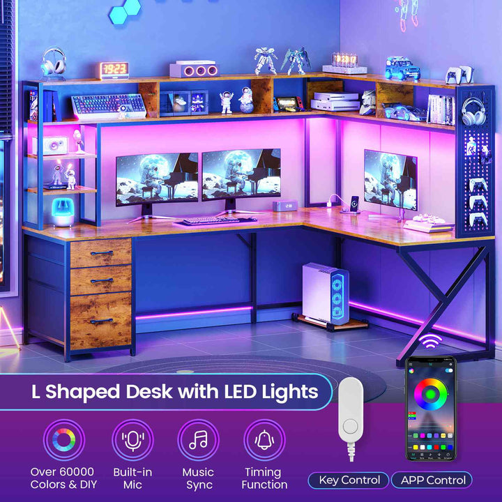 SEDETA 94.5 Inch Convertible Gaming Desk with Storage Shelves and Hutch Computer Desk with Drawers Power Outlet and LED Lights