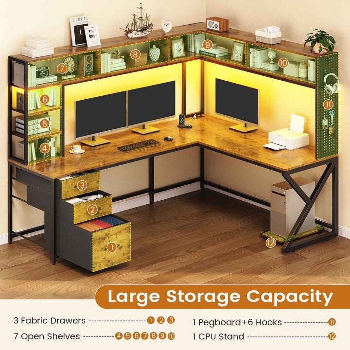 SEDETA 94.5 Inch Convertible Gaming Desk with Storage Shelves and Hutch Computer Desk with Drawers Power Outlet and LED Lights